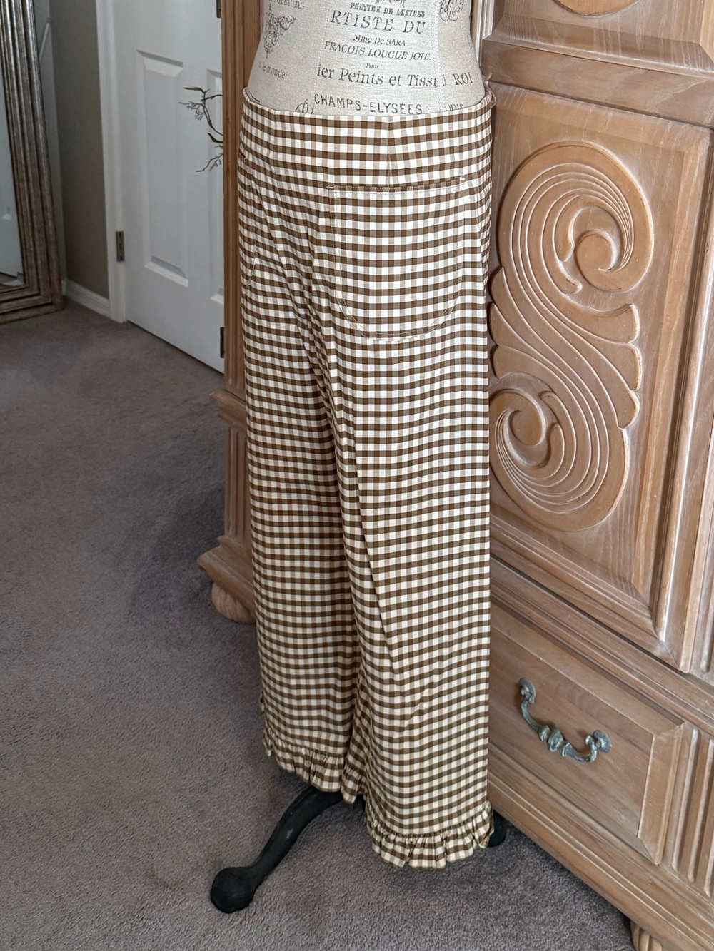 Maeve The Colette Brown & White Gingham Ruffle-Hem Cropped Wide-Leg Pants Sz 34 - Picture 6 of 9
